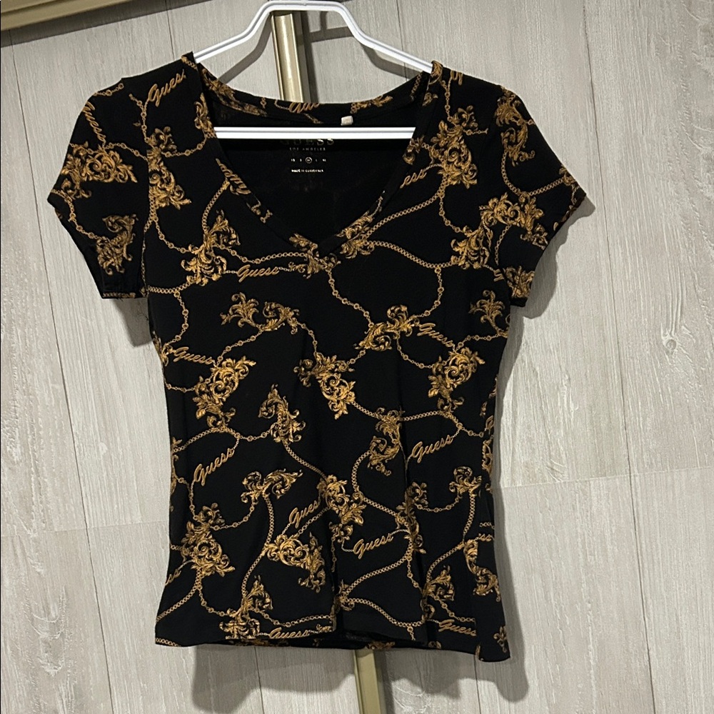 Guess Black and Gold Chain Print Women's Tee